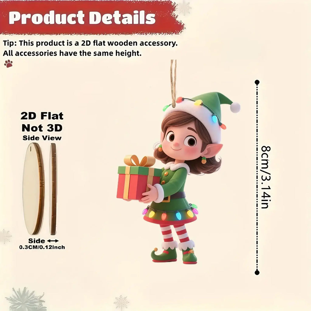 Wooden elf christmas tree ornament in green and white attire with colorful lights holding a wrapped gift