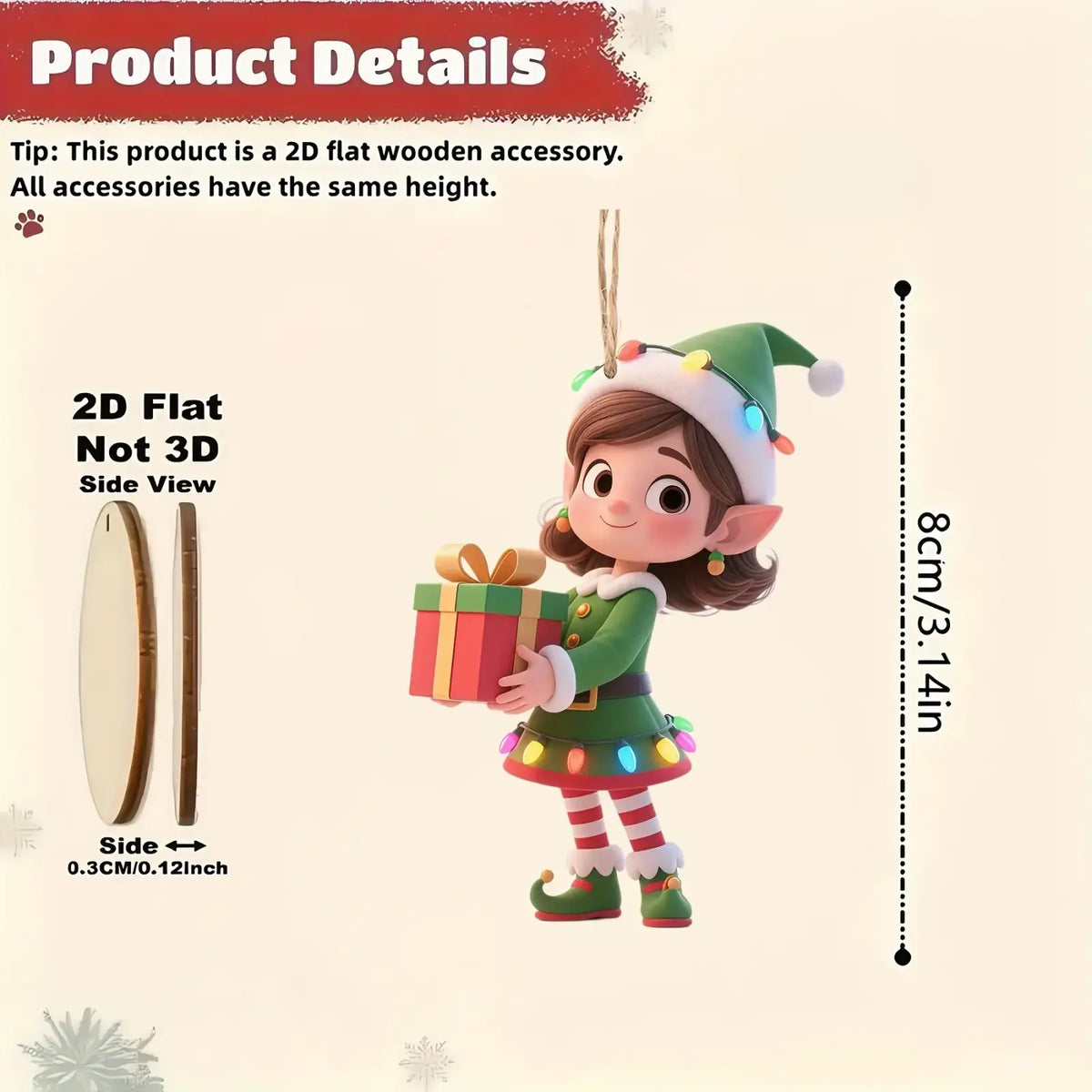 Wooden elf christmas tree ornament in green and white attire with colorful lights holding a wrapped gift