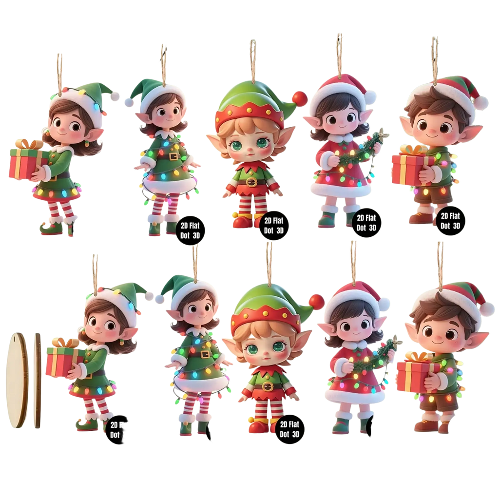 Set of 20 wooden elf Christmas tree ornaments in colorful holiday attire with string lights for festive decoration