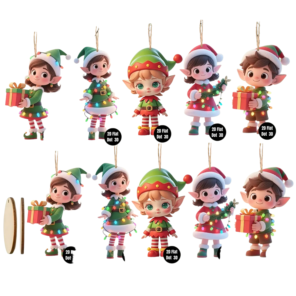 Set of 20 wooden elf Christmas tree ornaments in colorful holiday attire with string lights for festive decoration