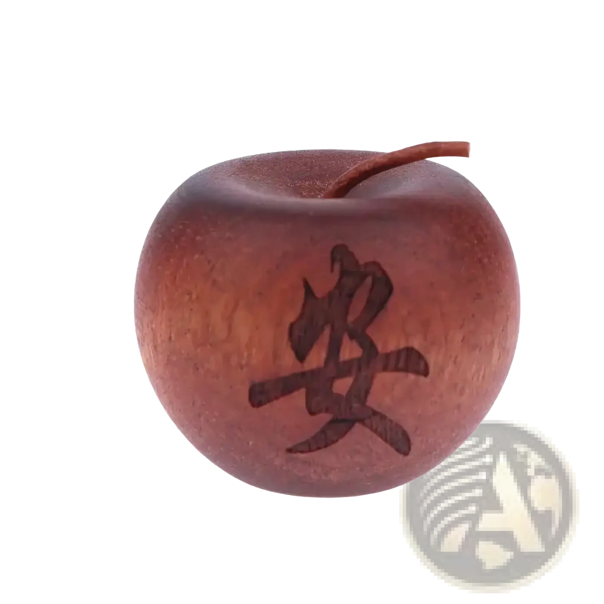 Wooden essential oil diffuser shaped like a smooth medium brown apple with a carved chinese character and small stem