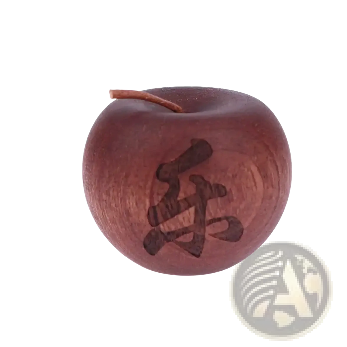 A smooth dark brown wooden apple-shaped essential oil diffuser with a carved Chinese character and small stem