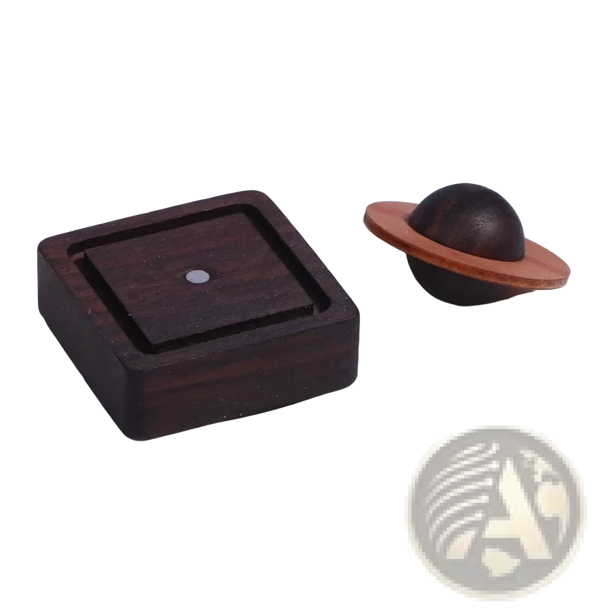 Dark wood planet-shaped wooden essential oil diffuser with tan leather ring and square wooden base for aromatherapy decor