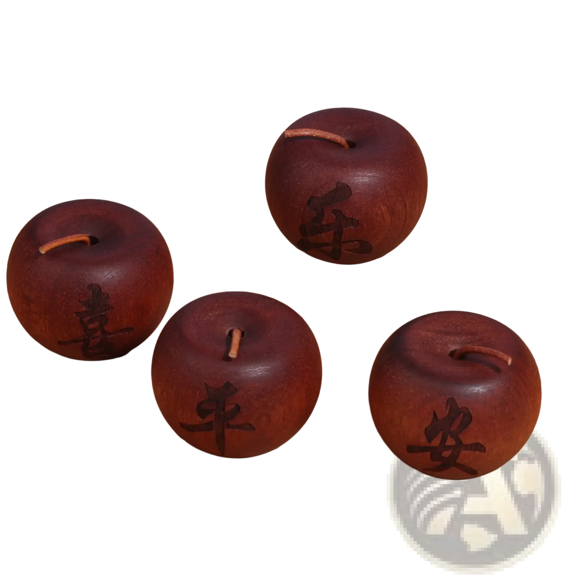 Four hand carved wooden apple shaped essential oil diffuser ornaments with dark brown finish and engraved chinese characters