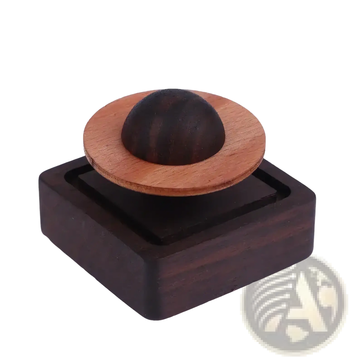 Dark wood desk organizer with circular base and spherical top used as wooden essential oil diffuser car air freshener