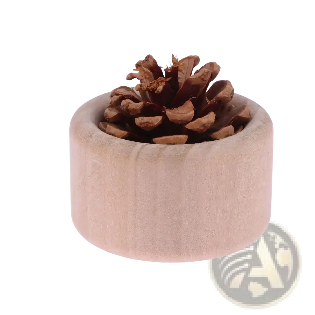 A light brown wooden essential oil diffuser car air freshener holder with natural wood grain texture and a dried pinecone
