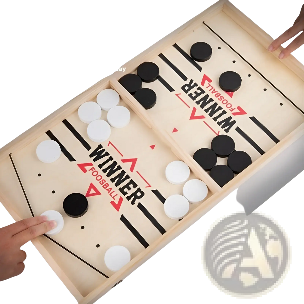 Wooden fast sling puck game desktop ice hockey board with light wood finish and black and white winner branded discs