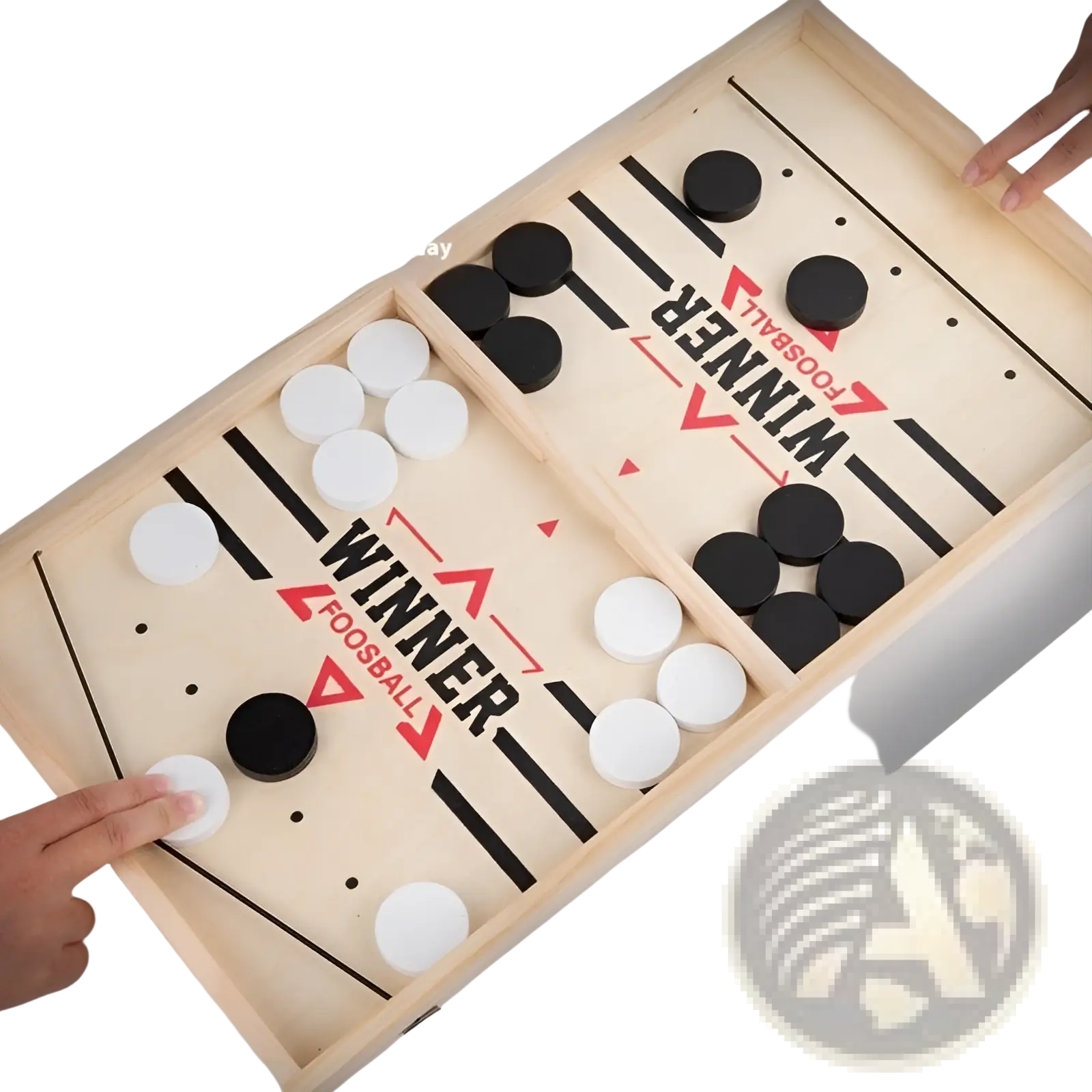 Wooden fast sling puck game desktop ice hockey board with light wood finish and black and white winner branded discs