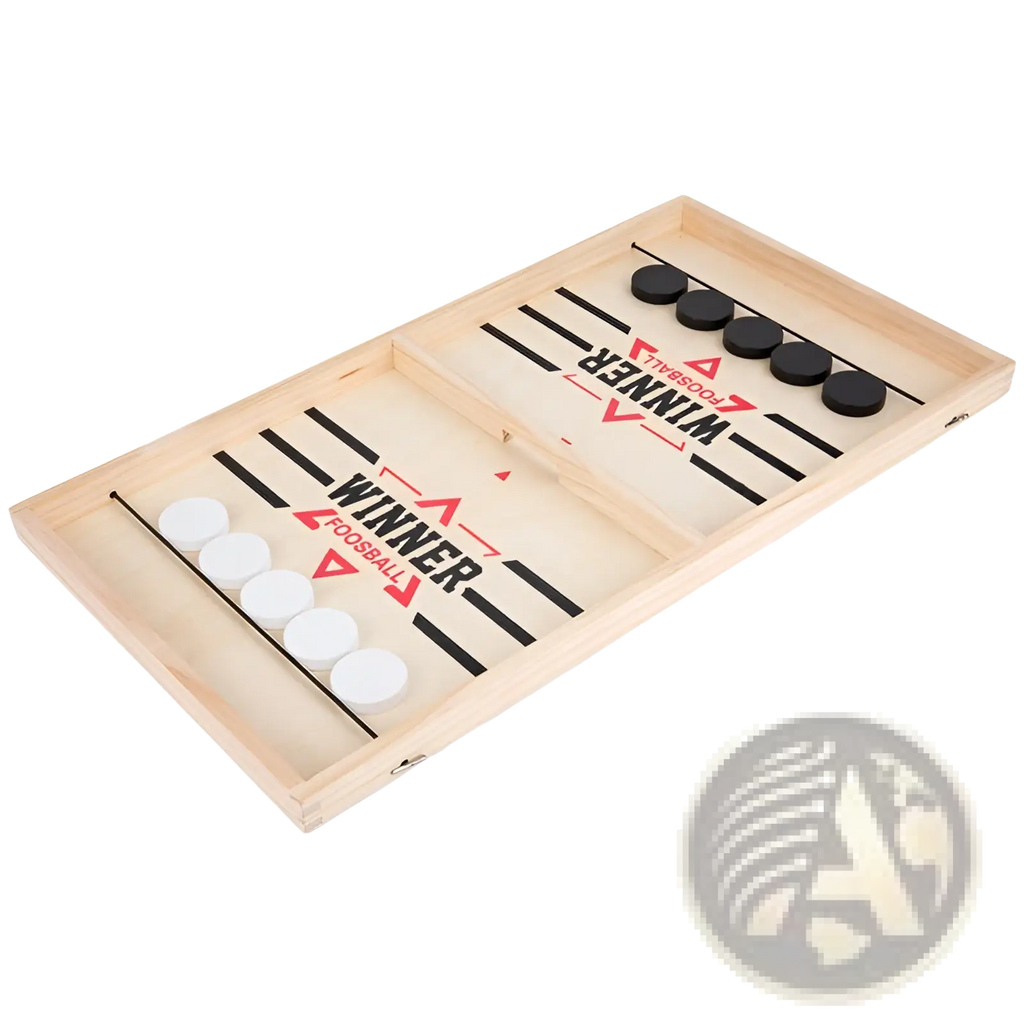 Wooden fast sling puck game desktop ice hockey board with light wood frame and black and white circular discs on playing surface