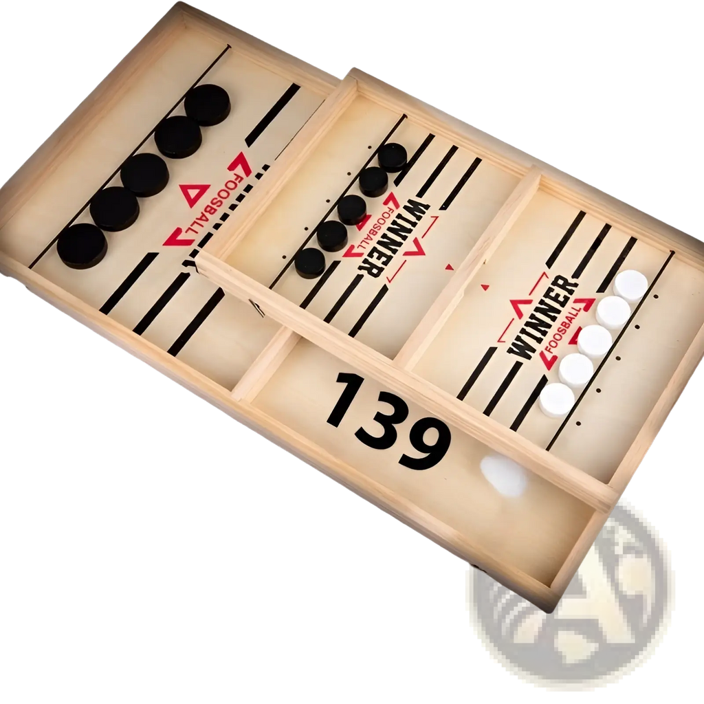 Light-colored wooden fast sling puck game desktop ice hockey board with black and white pucks red winner branding and score display 139
