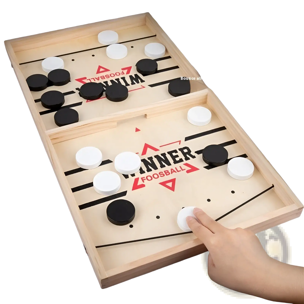 Wooden fast sling puck game desktop ice hockey board with light wood grain foosball style playing surface and black and white pieces