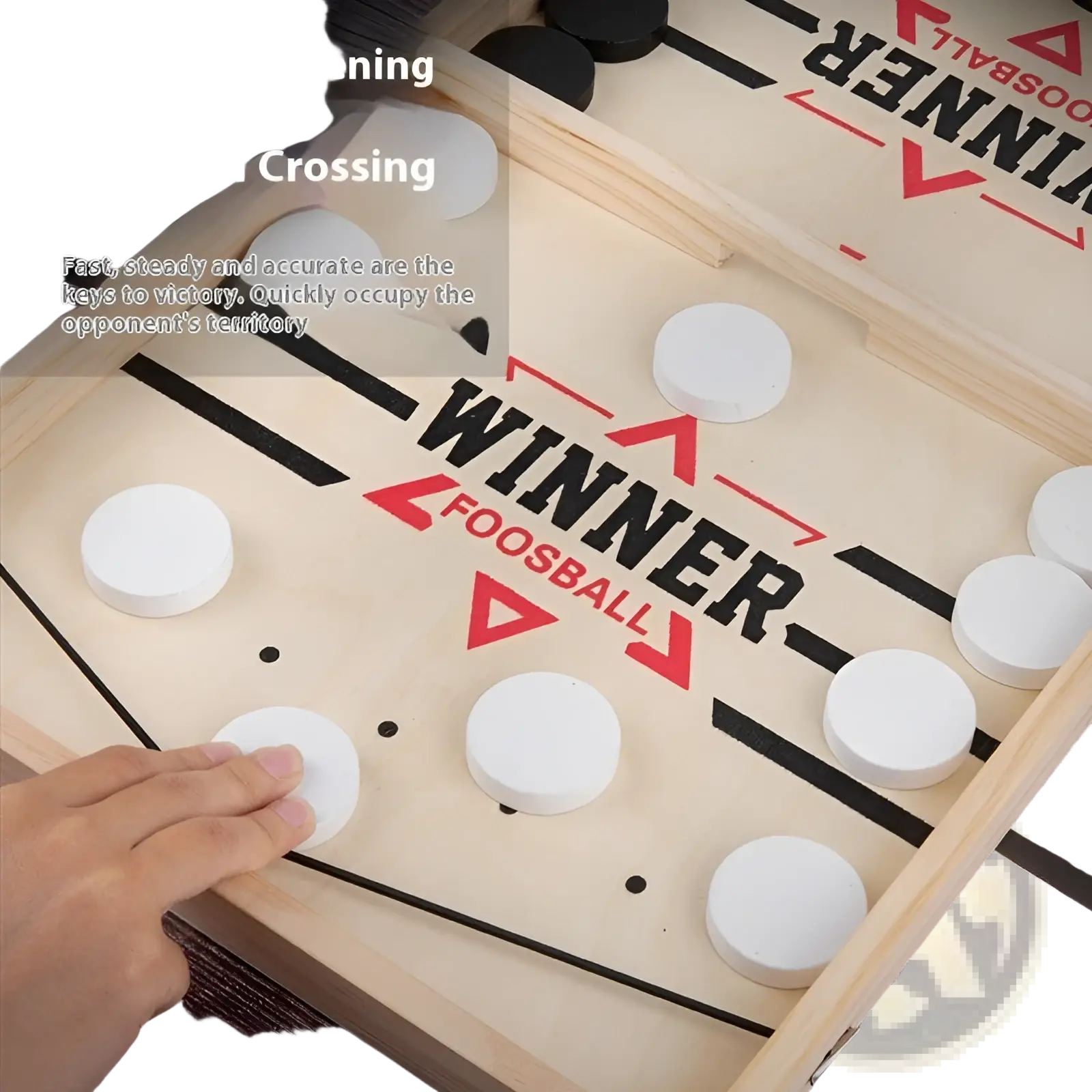 Light-colored wooden fast sling puck game board with white circular discs and winner foosball branding in red and black