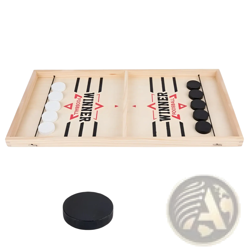 Light-colored wooden fast sling puck game desktop ice hockey board with black and white discs marked winner in red text