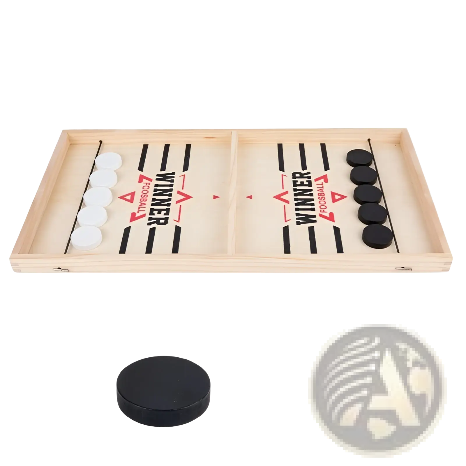 Light-colored wooden fast sling puck game desktop ice hockey board with black and white discs marked winner in red text
