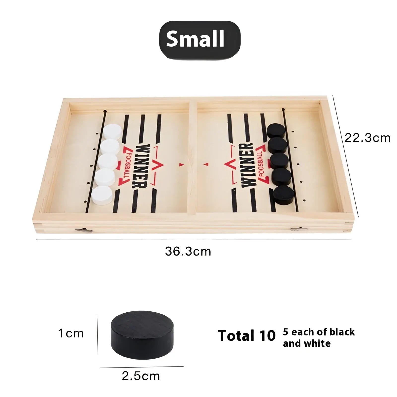 Wooden fast sling puck game desktop ice hockey board with black and white circular discs and winner branding in red