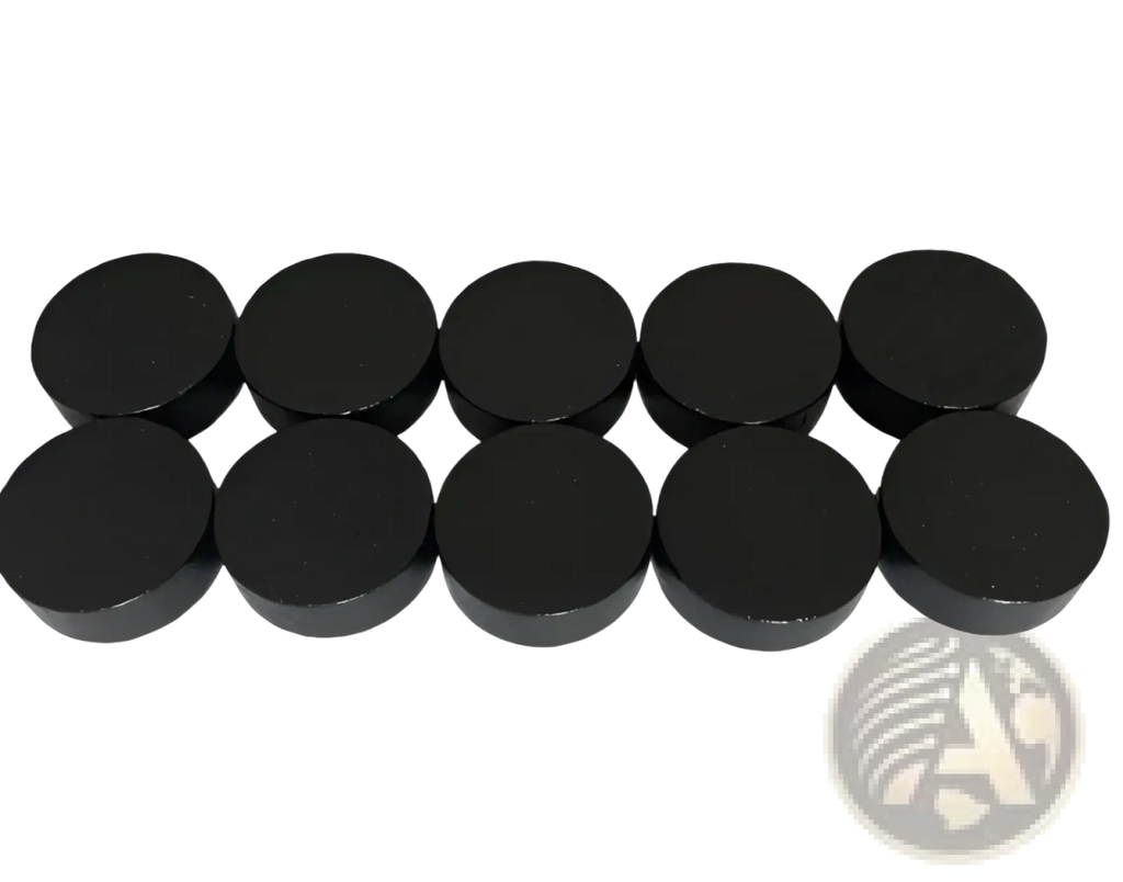 Ten black circular magnets arranged in two rows for wooden fast sling puck game interactive board toy