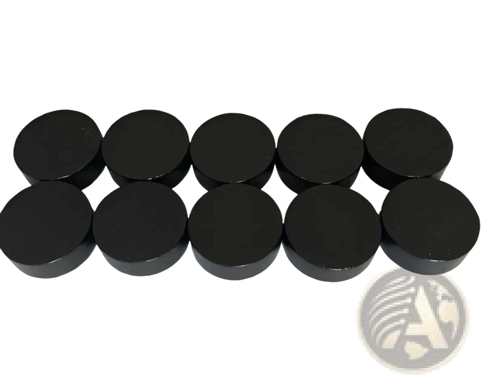 Ten black circular magnets arranged in two rows for wooden fast sling puck game interactive board toy