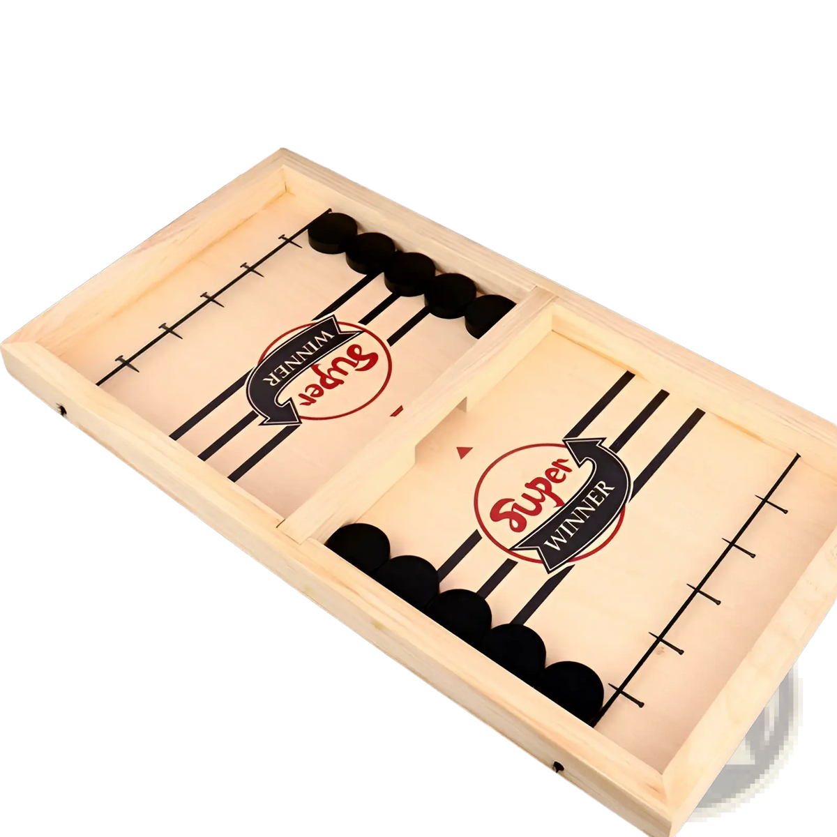 Wooden fast sling puck game featuring a light-colored wooden box with black circular pieces and super winner branding