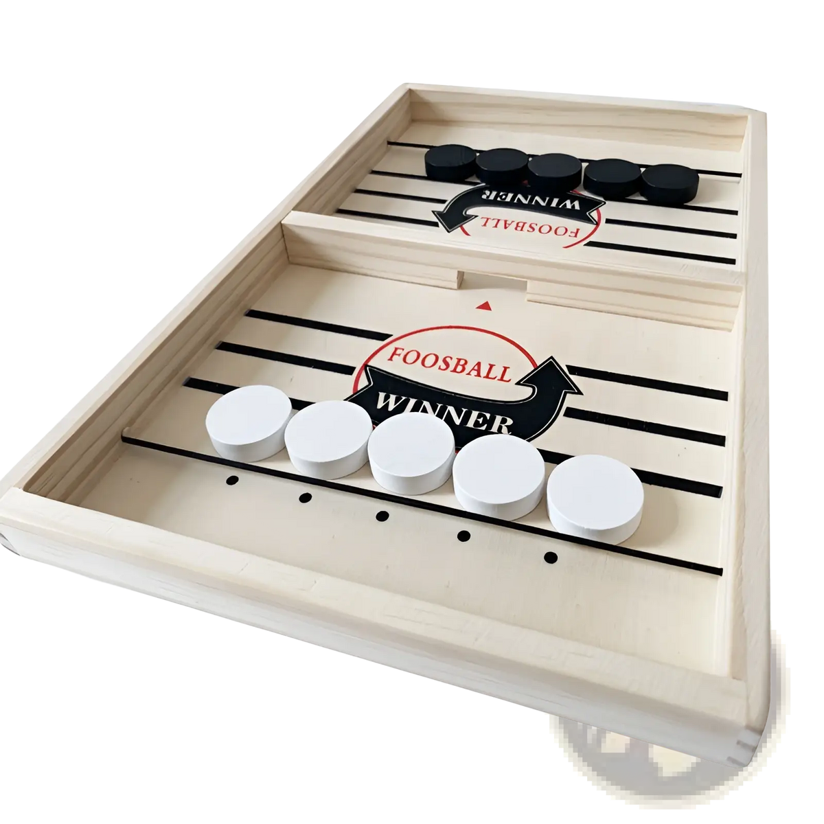 Wooden fast sling puck game interactive board toy with light wood frame and black and white circular discs on slatted surface