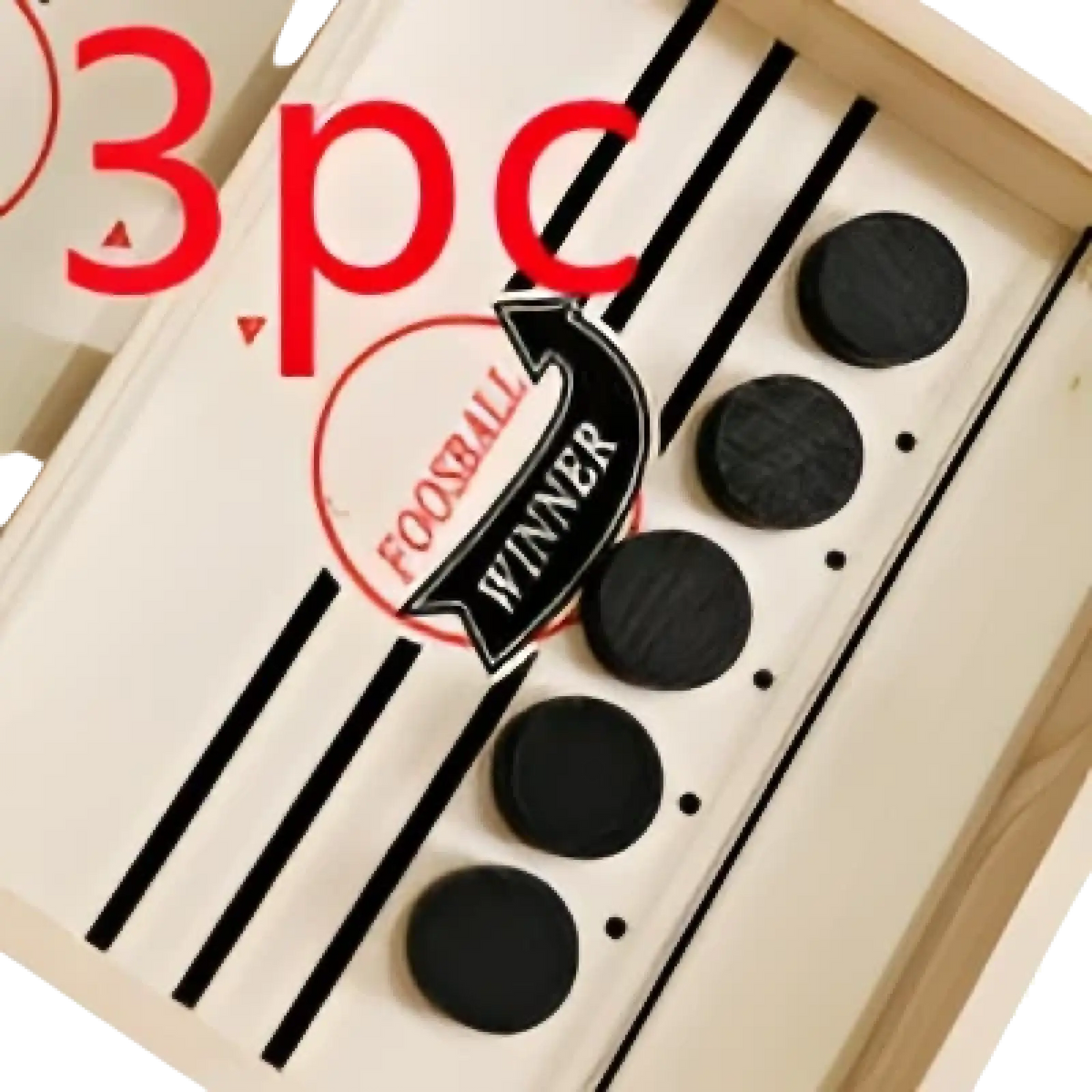 Black circular pin with red and white football winner text on wooden display tray for wooden fast sling puck game toy