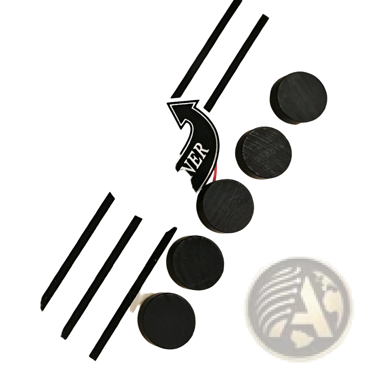 Wooden fast sling puck game interactive board toy with black circular pucks and red and black foosball winner logo on surface
