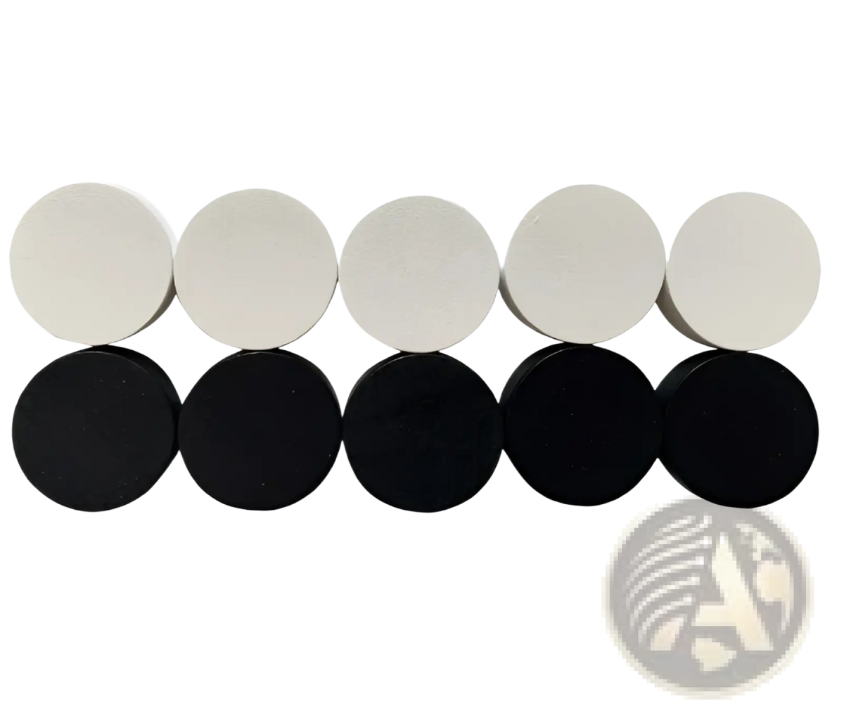 Ten circular magnetic discs in black and white with a matte finish for wooden fast sling puck game interactive board toy