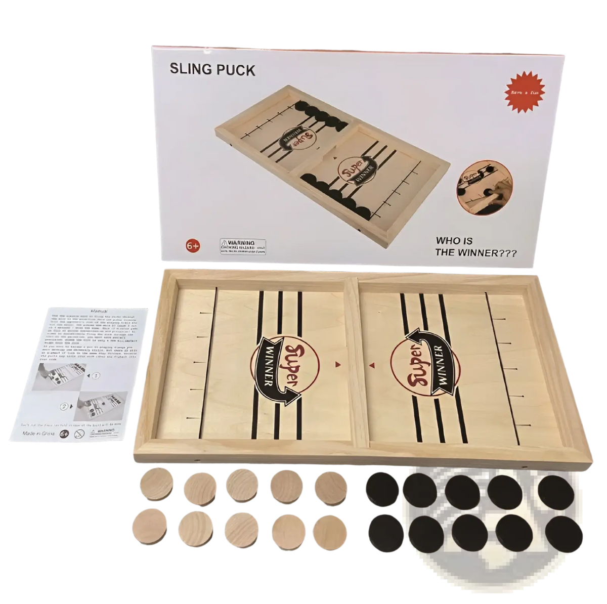Wooden fast sling puck game interactive board toy with light wood grain, black stripes, and wooden and black puck pieces