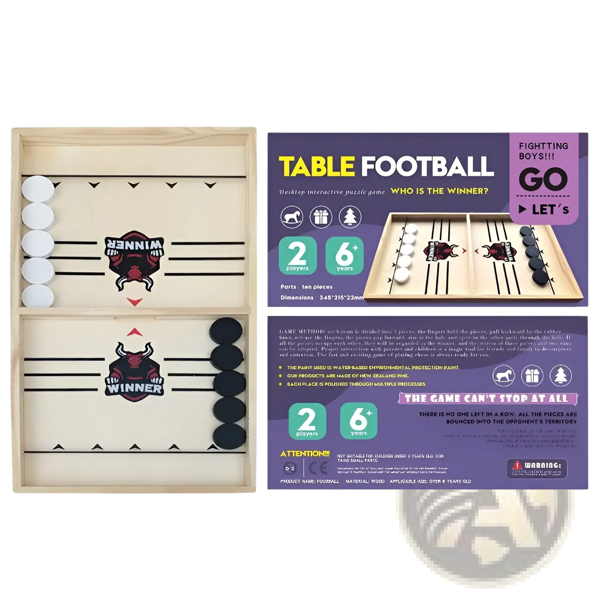 Wooden fast sling puck game interactive board toy with light wooden table, white and black plastic players, and red bull logo