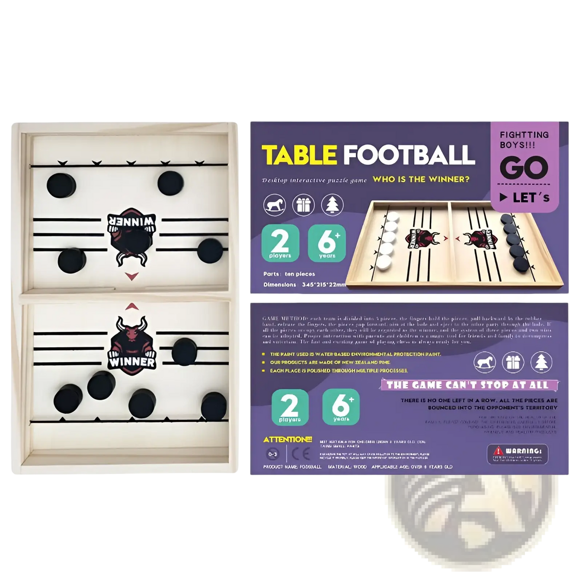 Wooden fast sling puck game interactive board toy with light wood table and black and white player pieces winner logo