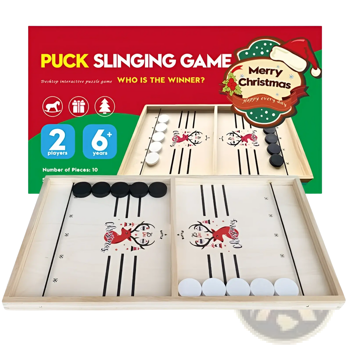 Christmas-themed wooden fast sling puck game with black and white pucks on a light-colored interactive board toy