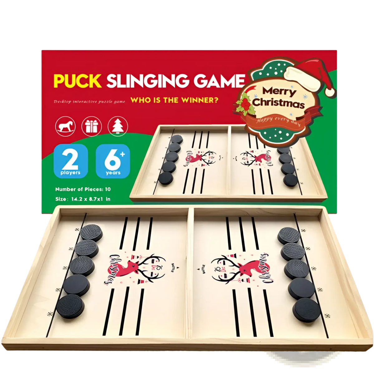 Wooden fast sling puck game with black circular pucks and red reindeer designs on Christmas-themed wooden board