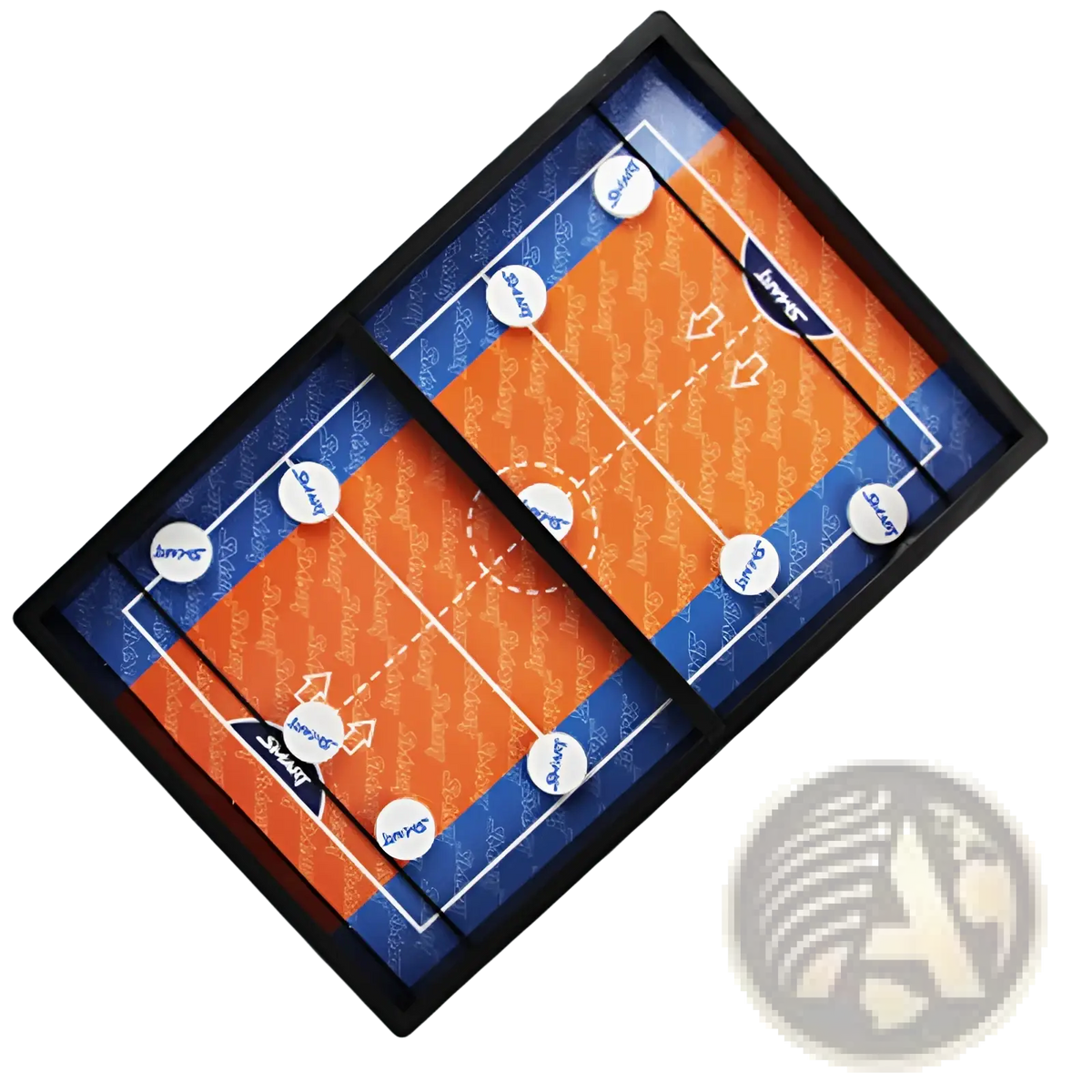 Wooden fast sling puck game interactive board toy featuring an orange and blue miniature table tennis court with white markers