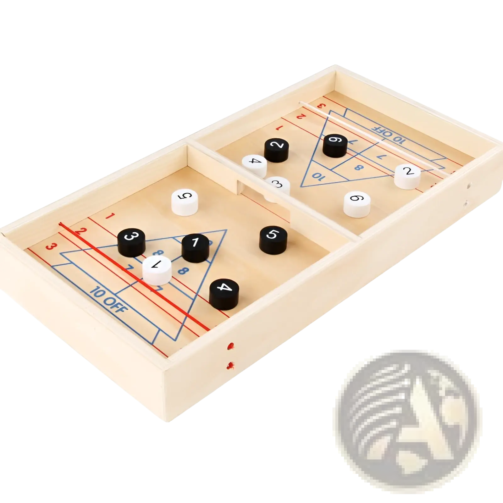 Wooden fast sling puck game interactive board toy with light-colored wood and black and white numbered discs on playing surface