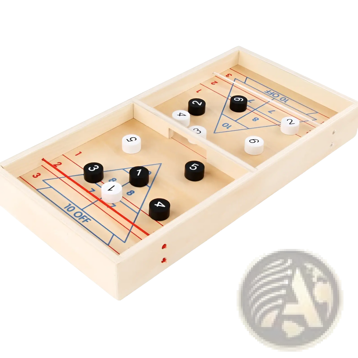 Wooden fast sling puck game interactive board toy with light-colored wood and black and white numbered discs on playing surface