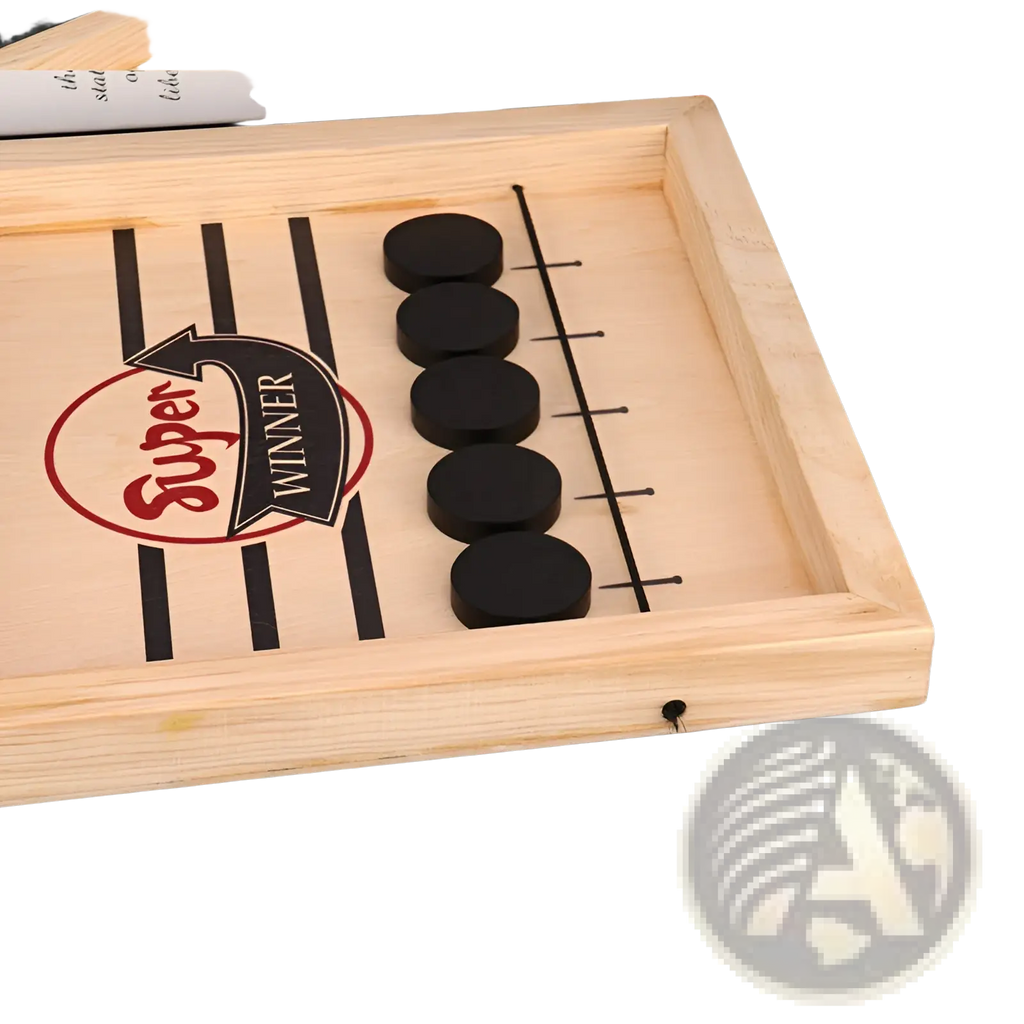 Wooden fast sling puck game interactive board toy with light wood frame black checkers and red super winner logo