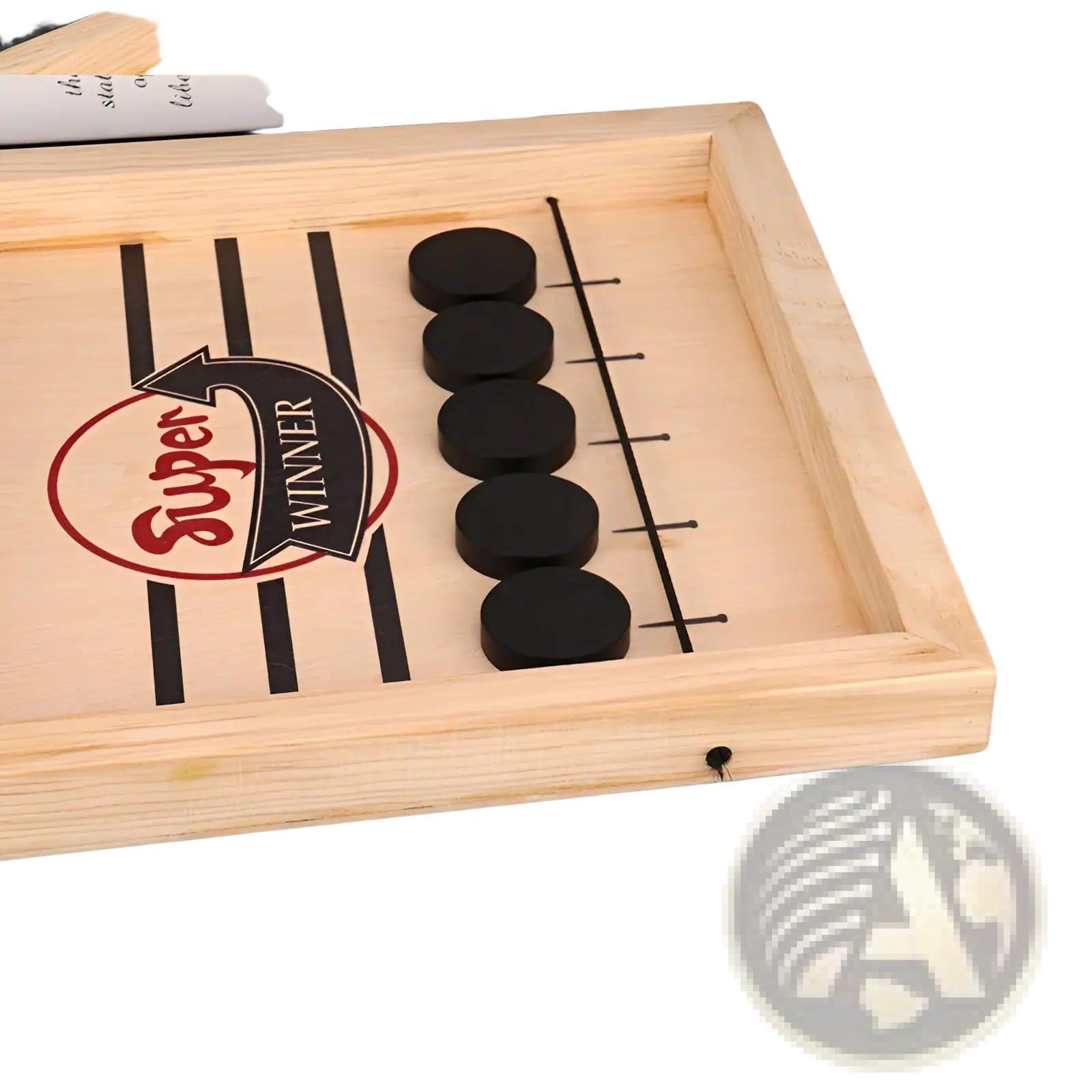 Wooden fast sling puck game interactive board toy with light wood frame black checkers and red super winner logo