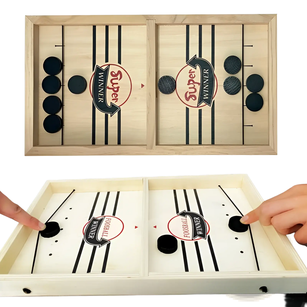 Light wood grain tabletop wooden fast sling puck game with black circular pucks and printed super winner logos