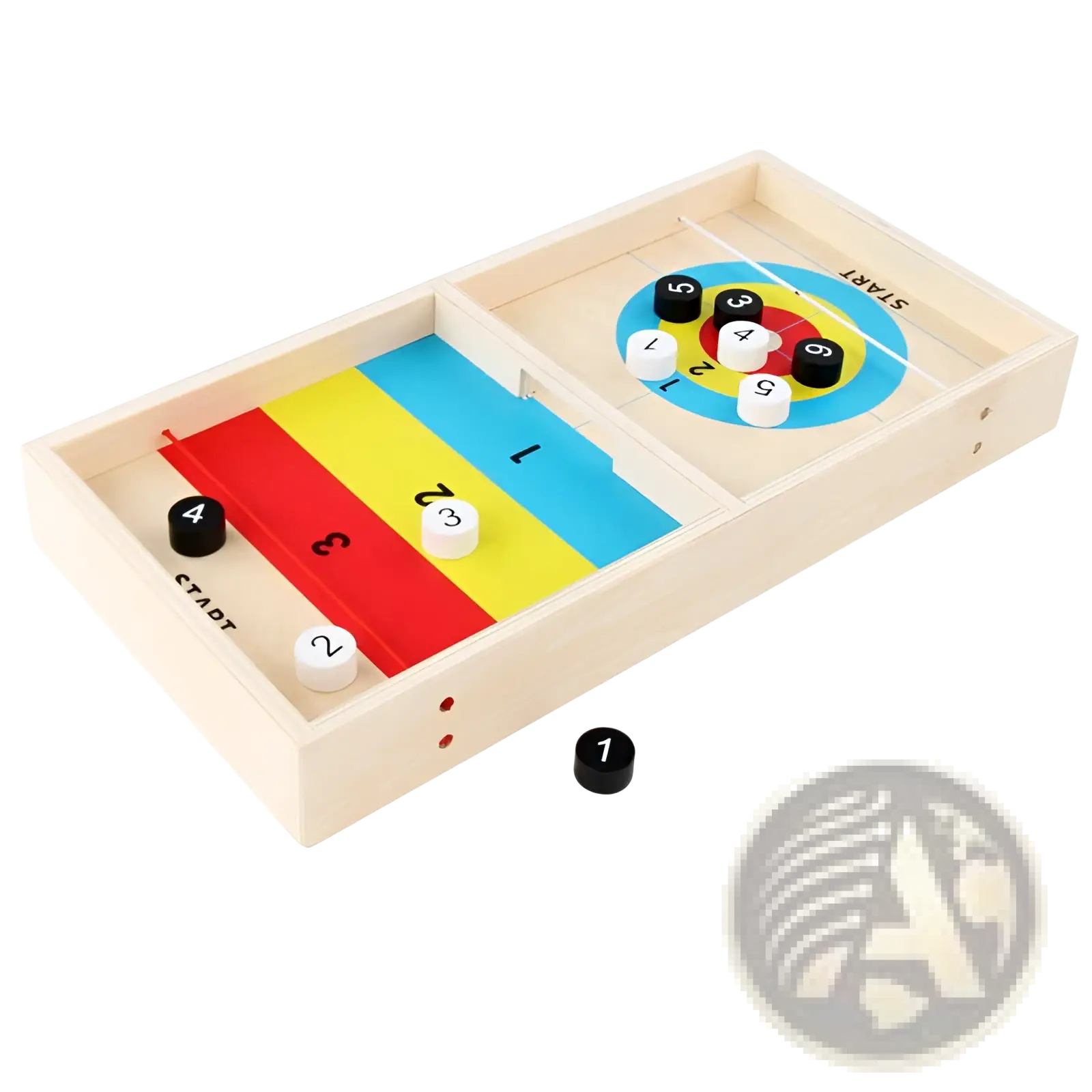 Wooden fast sling puck game with light-colored wood, colorful striped track, and black-and-white numbered discs