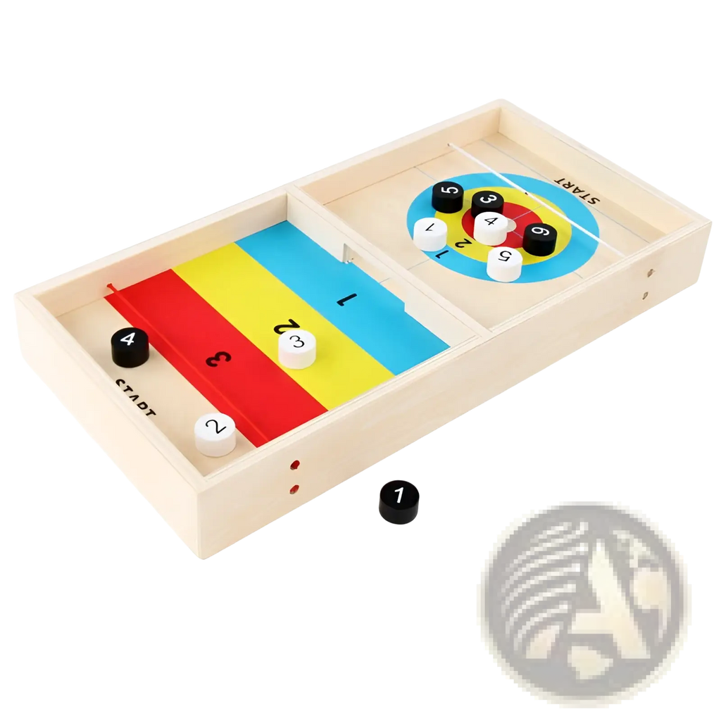 Wooden fast sling puck game with light-colored wood, colorful striped track, and black-and-white numbered discs