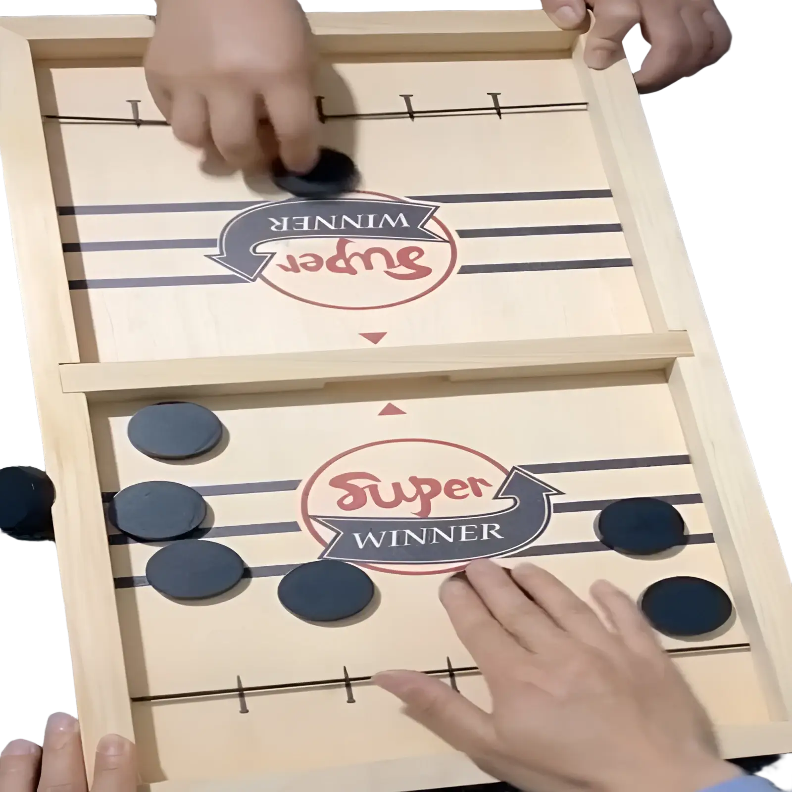 Light wood grain wooden fast sling puck game board with black discs and printed super winner logo for interactive play