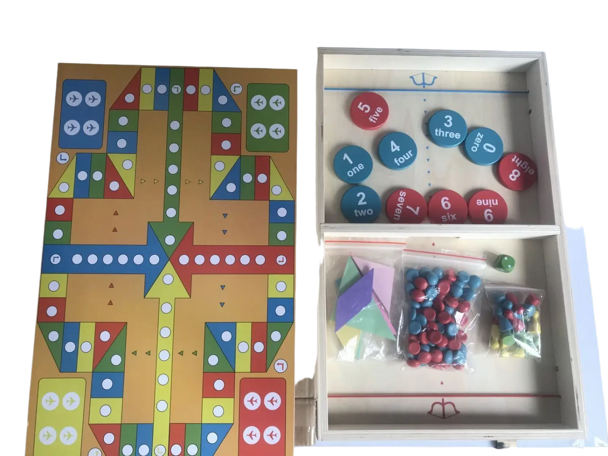 Colorful wooden ludo game board with numbered spaces and matching blue red green and yellow pieces for interactive play