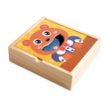 Wooden feeding toy montessori toddler game featuring a wooden toy box with a cheerful orange bear face and blue interior