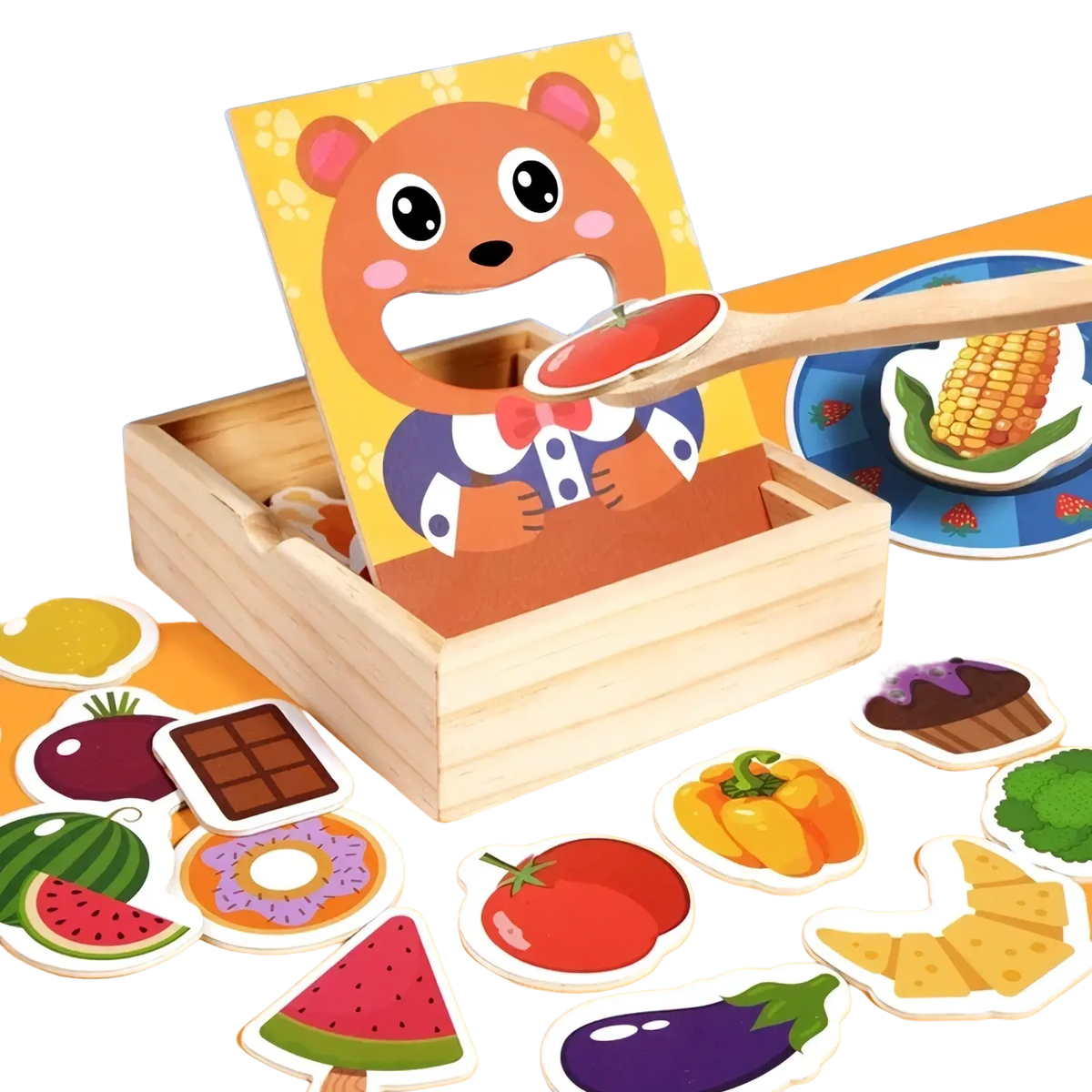 A wooden feeding toy Montessori toddler game with colorful cartoon bear card and food-shaped cutouts on orange surface