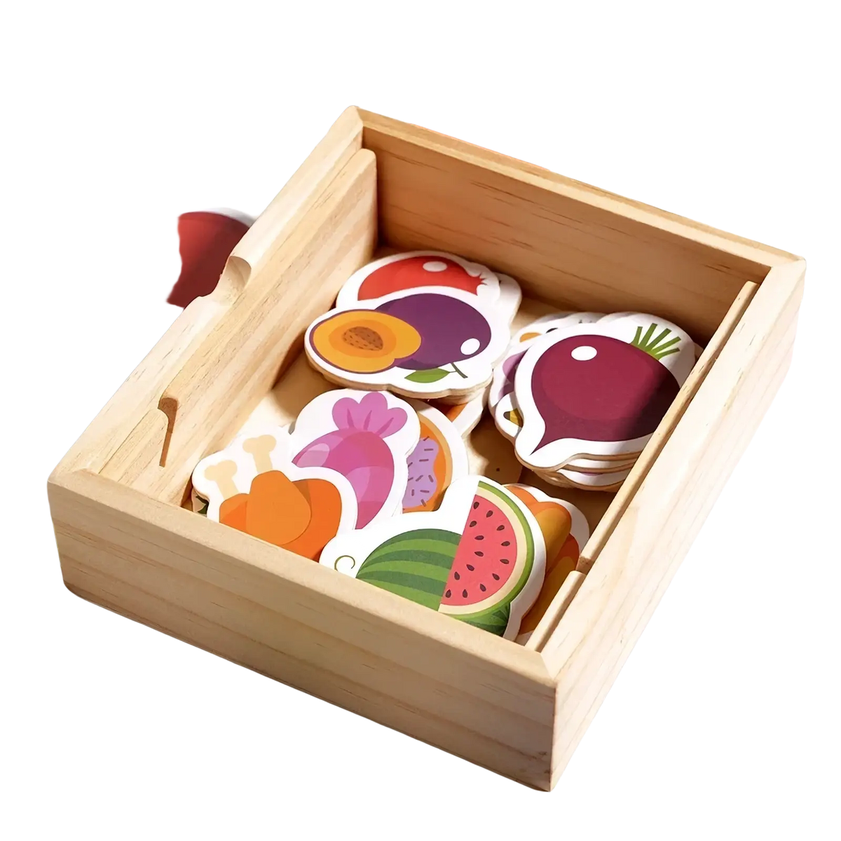 Colorful wooden fruit and vegetable cutout puzzle pieces in a natural wood box for Montessori toddler feeding toy game