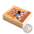 Wooden feeding toy montessori toddler game featuring a wooden toy box with a cheerful orange bear face and blue interior