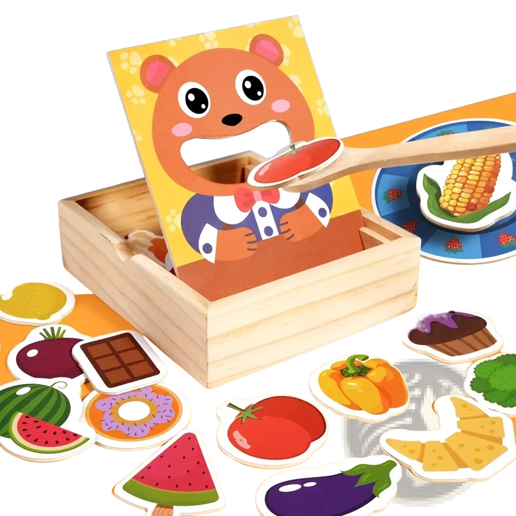 A wooden feeding toy Montessori toddler game with colorful cartoon bear card and food-shaped cutouts on orange surface
