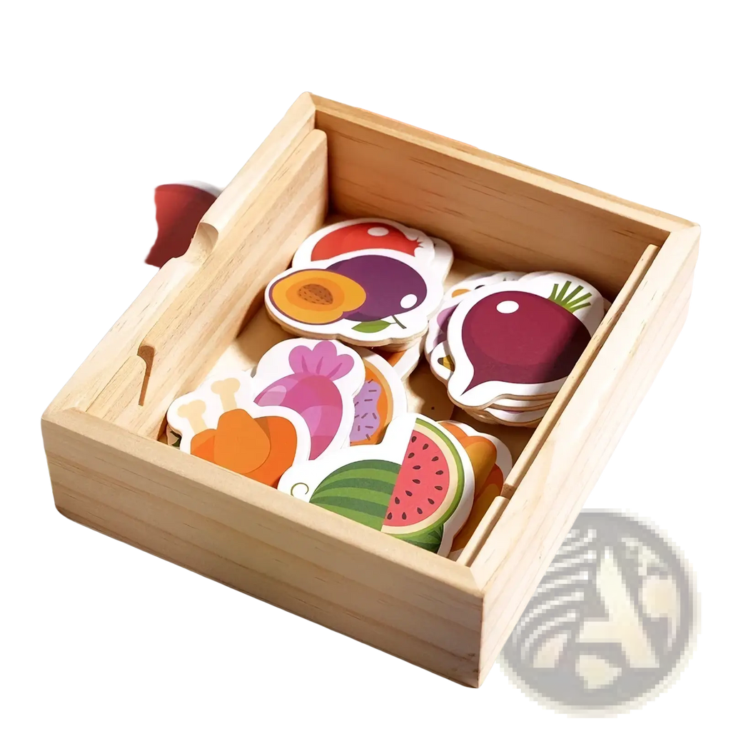 Colorful wooden fruit and vegetable cutout puzzle pieces in a natural wood box for Montessori toddler feeding toy game