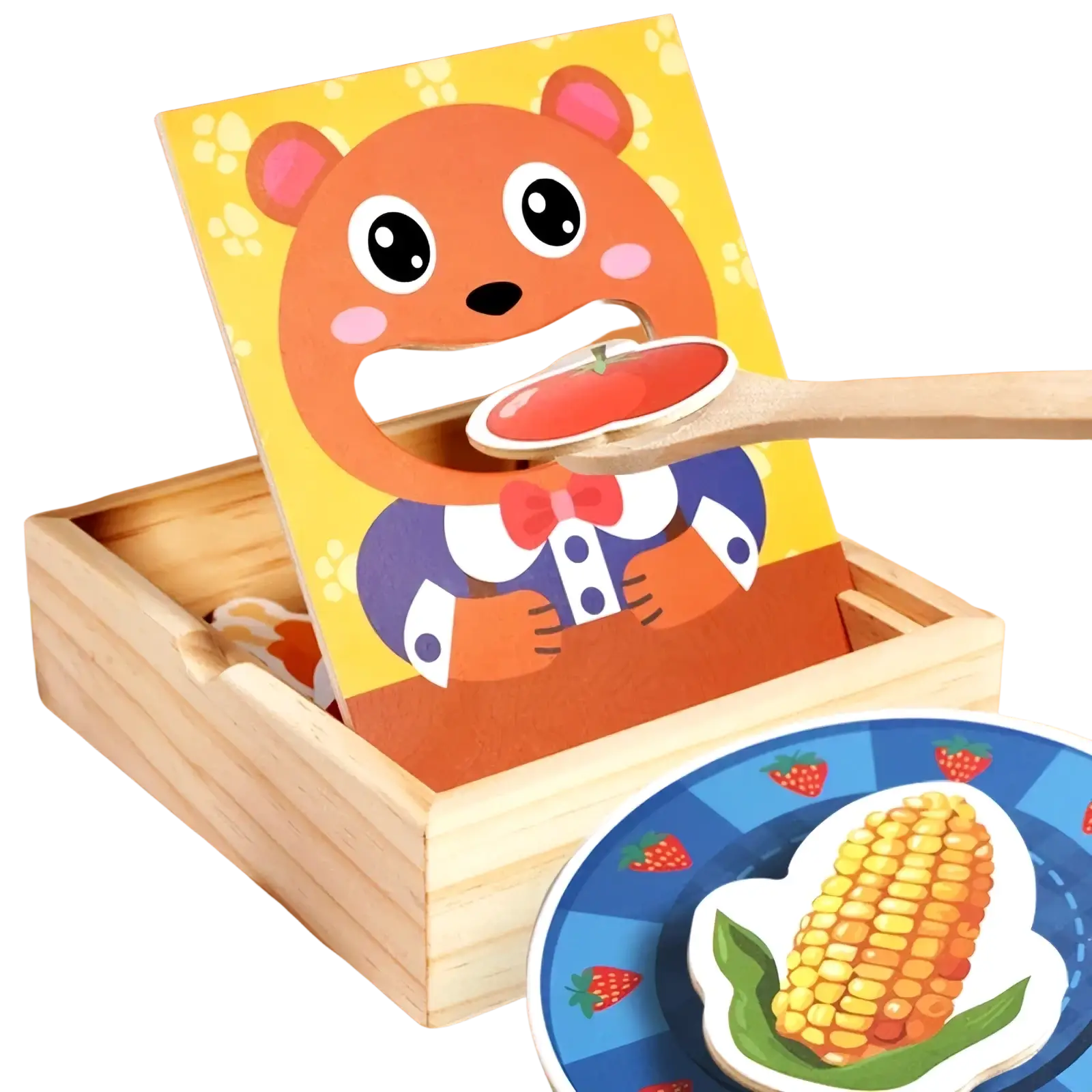 Orange bear-shaped wooden feeding toy with a mouth cutout holding a tomato on a spoon for montessori toddlers