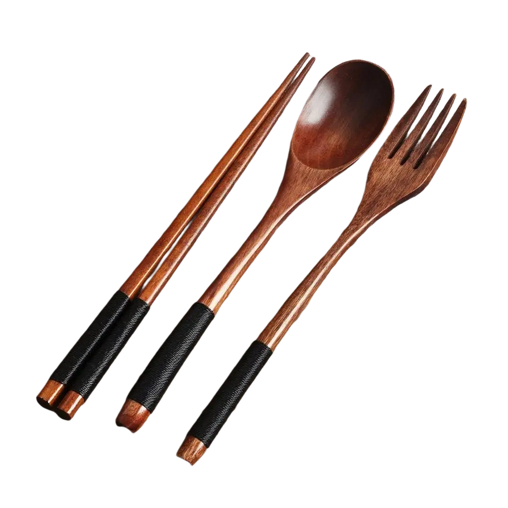Set of wooden chopsticks spoon and fork with black-wrapped handles eco-friendly portable flatware cutlery set