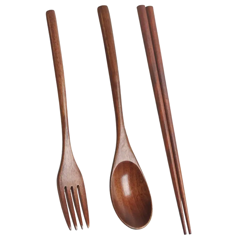 Set of three wooden utensils fork spoon and chopsticks with smooth rich brown finish portable eco-friendly cutlery
